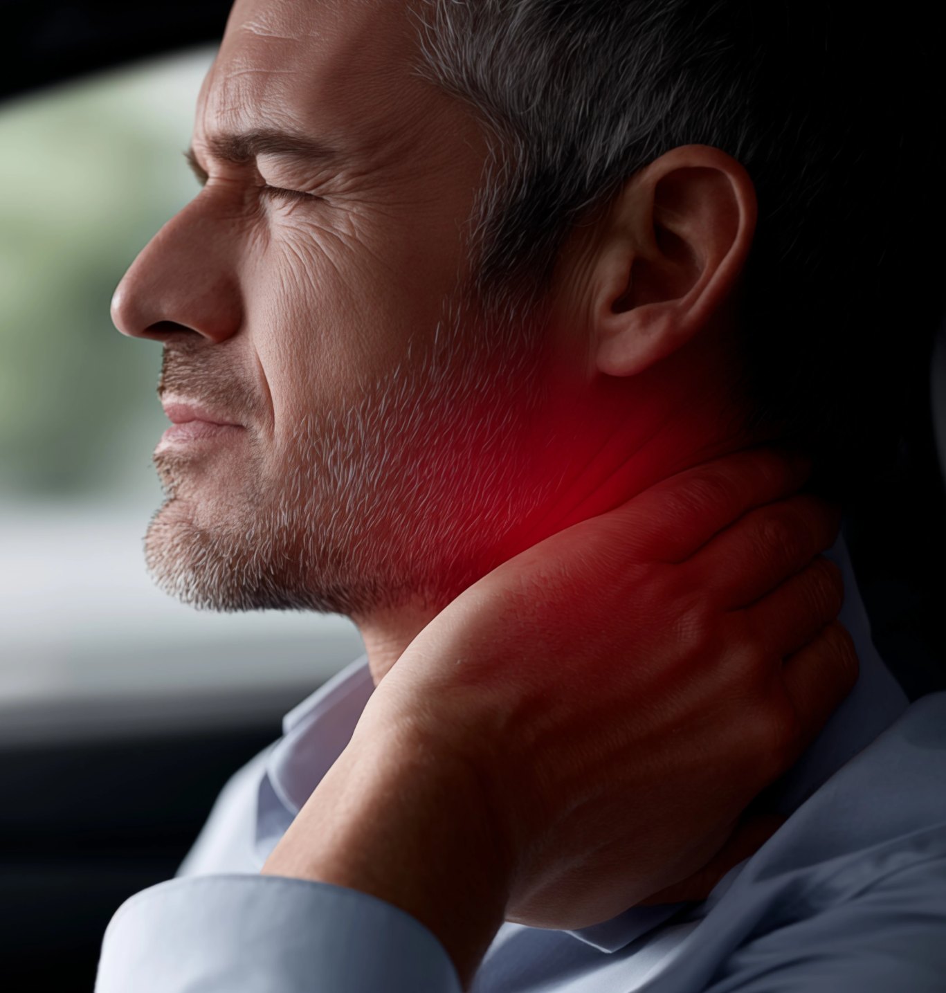 Man in a car holding his neck in pain after a collision